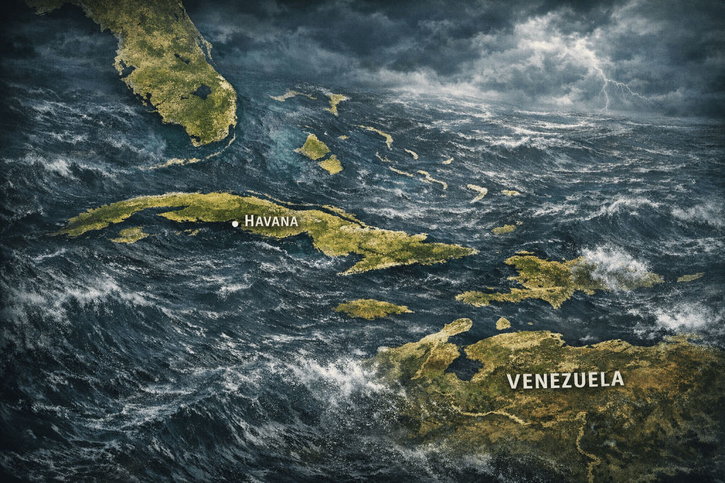 Storm-darkened map of Florida, Cuba, and Venezuela with turbulent ocean waves and lightning, illustrating geopolitical tension and regional crisis.
