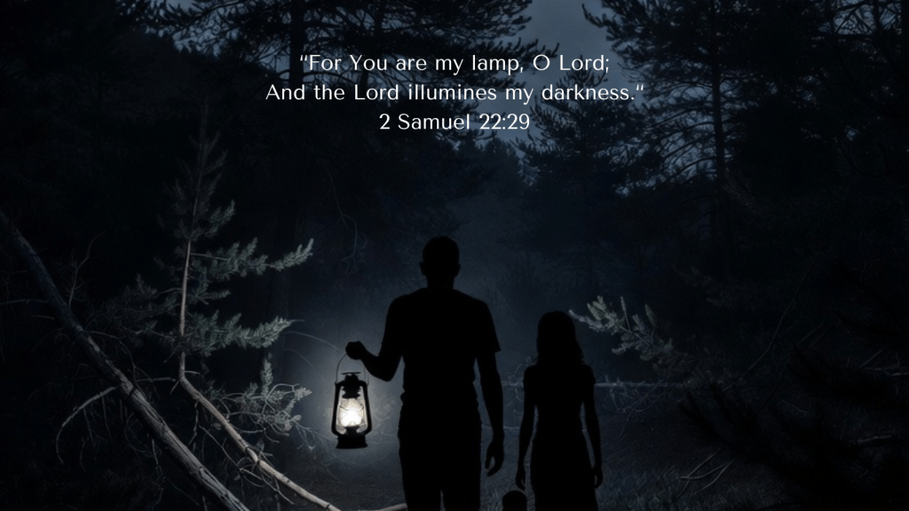 two figures walking through a dark forest at night with a lantern, symbolizing faith and conscience guided by God’s light.